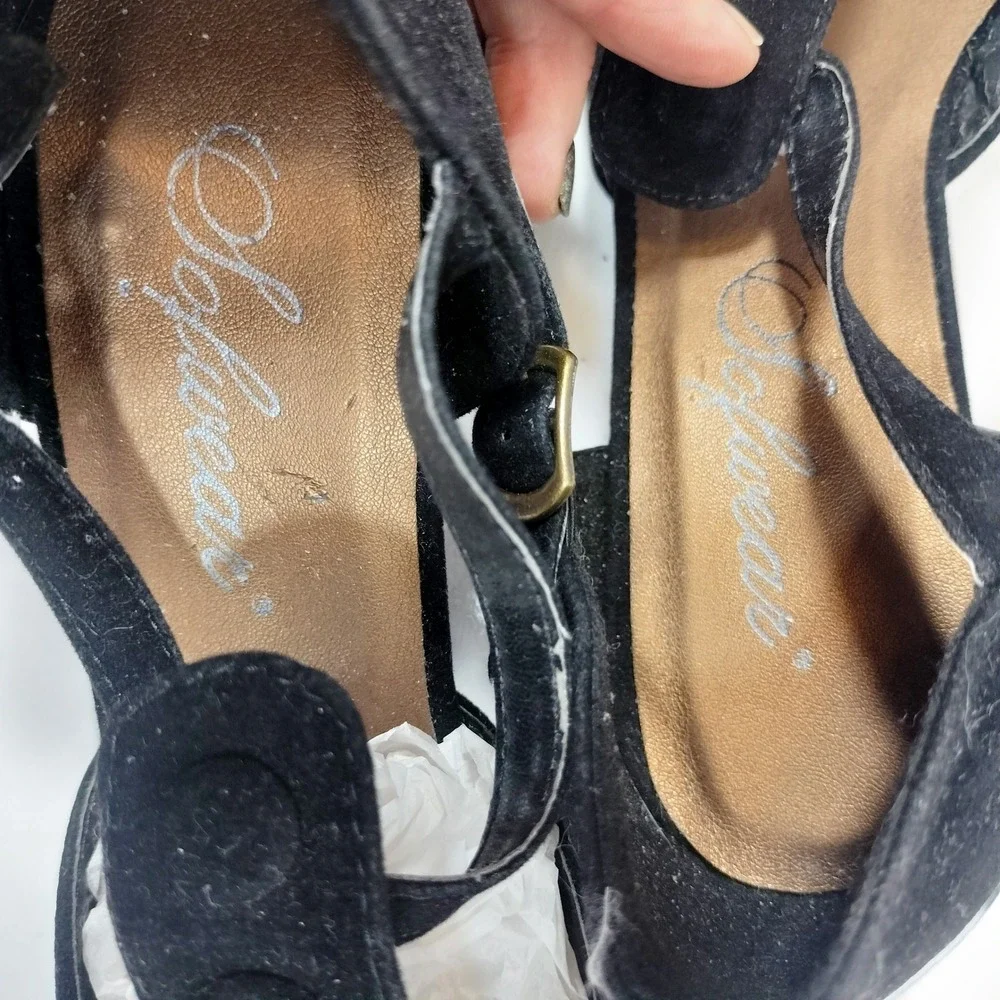 Softwear Retro 20s Black Pumps; Flapper Style T-Strap Faux Suede Heels